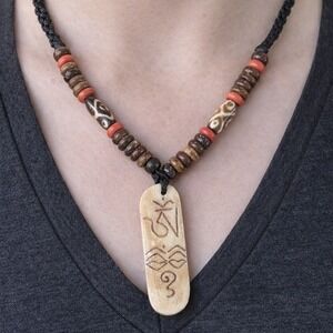 Vintage Carved Bone Pendant Necklace with Beads & Braided Cord